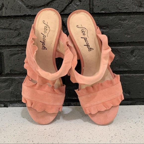 Free People Pink Suede Rosie Ruffle Slip On Double Strap Open Toe Heels - Picture 7 of 11